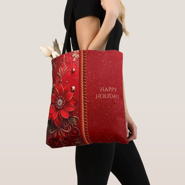 Red Flower Holiday Tote Bag (Close Up)