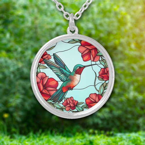 Red Flower Hummingbird Silver Plated Necklace