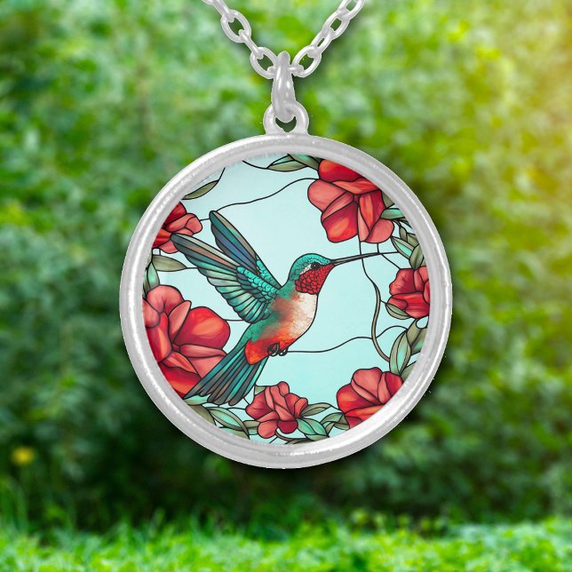 Red Flower Hummingbird Silver Plated Necklace (Creator Uploaded)