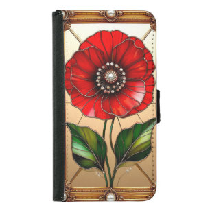 Red Flower in Golden Frame with Gem Accents Samsung Galaxy S5 Wallet Case