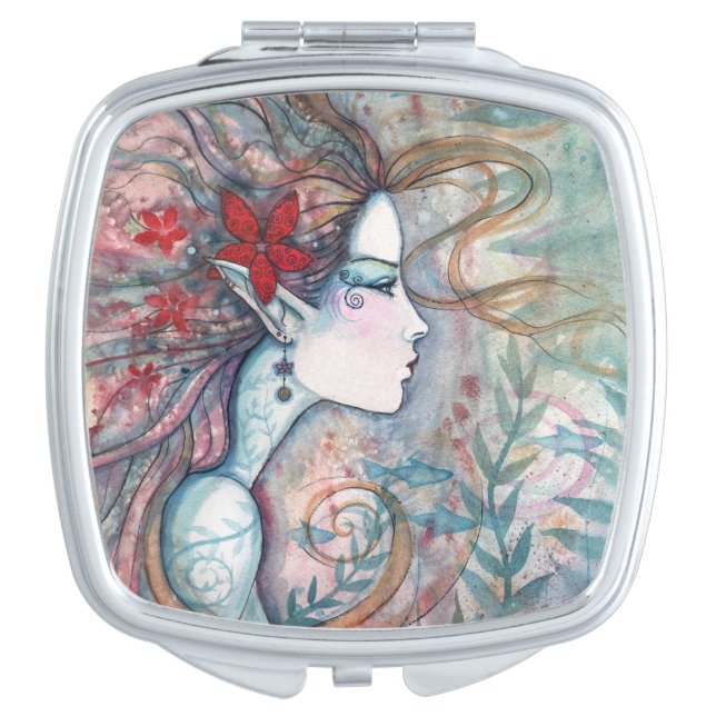 Red Flower Mermaid Fantasy Art Makeup Mirror (Front)
