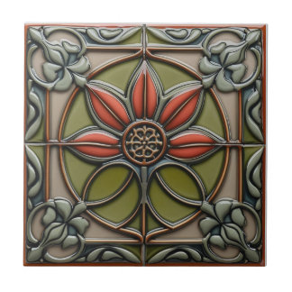 Red Flower Mid-Century Symmetry Arts and Crafts Ceramic Tile