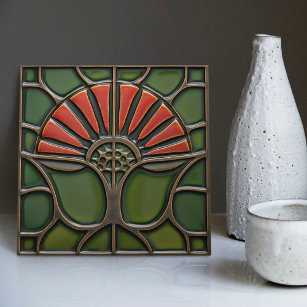 Red Flower Mid-Century Symmetry Arts and Crafts Ceramic Tile