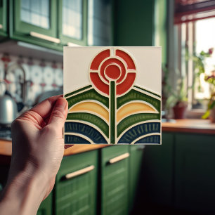 Red Flower Mid-Century Symmetry Arts and Crafts Ceramic Tile