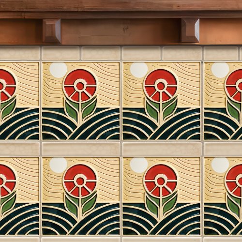 Red Flower Mid_Century Symmetry Arts and Crafts Ceramic Tile
