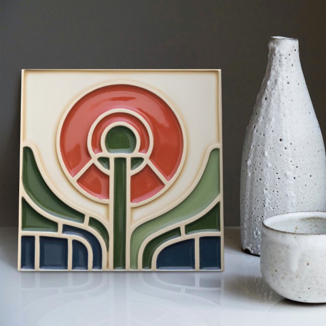 Red Flower Mid-Century Symmetry Arts and Crafts Ceramic Tile (Creator Uploaded)