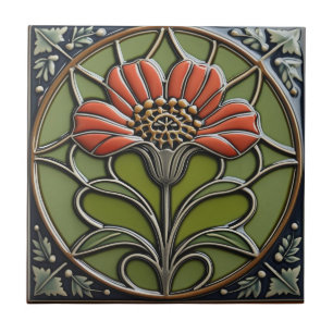 Red Flower Mid-Century Symmetry Arts and Crafts Ceramic Tile