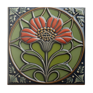 Red Flower Mid-Century Symmetry Arts and Crafts Ceramic Tile