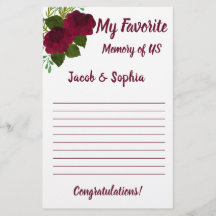 RED FLOWER MY MEMORY BRIDAL SHOWER GAME CARD