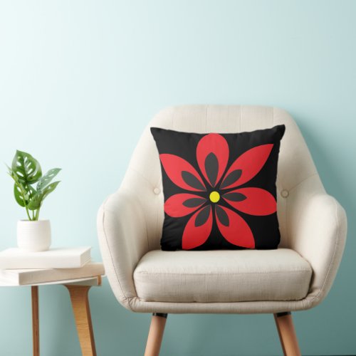 Red Flower on Black Throw Pillow