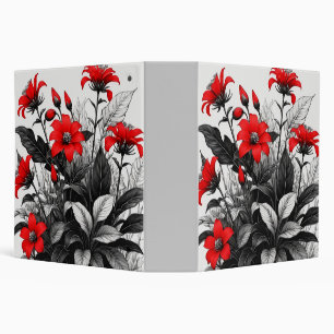 Red Flower On Black White Plant 3 Ring Binder