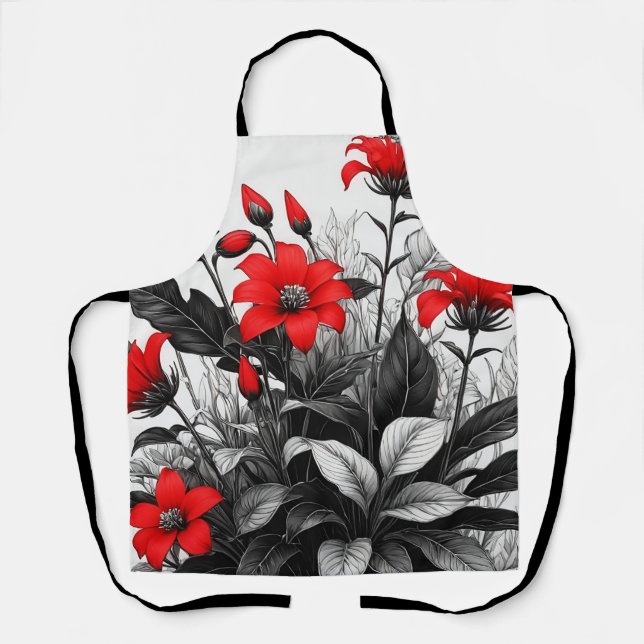 Red Flower On Black White Plant  Apron (Front)