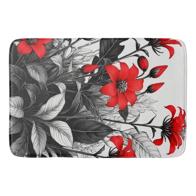 Red Flower On Black White Plant  Bath Mat (Front)