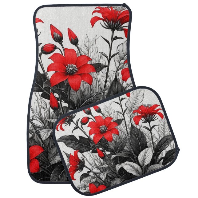 Red Flower On Black White Plant  Car Floor Mat (Set)