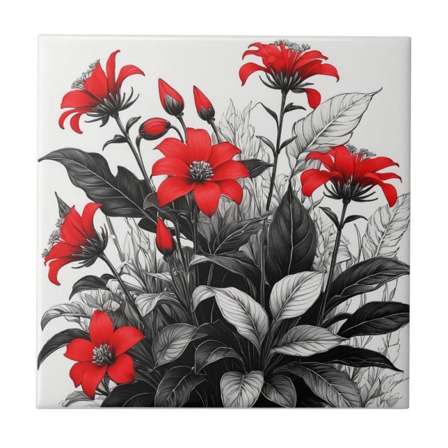 Red Flower On Black White Plant  Ceramic Tile (Front)