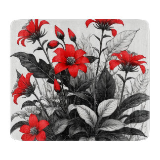 Red Flower On Black White Plant Cutting Board