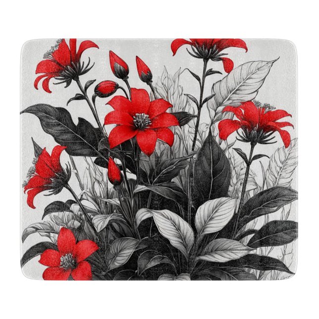 Red Flower On Black White Plant  Cutting Board (Front)