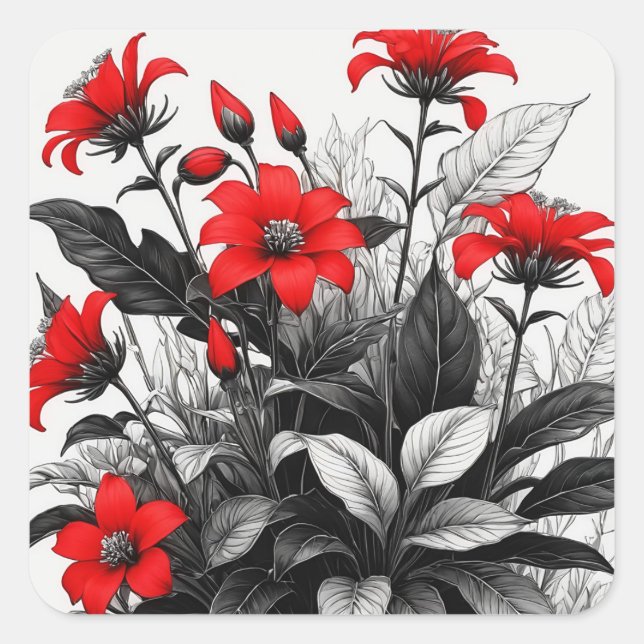 Red Flower On Black White Plant  Square Sticker (Front)