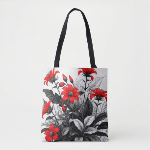 Red Flower On Black White Plant  Tote Bag