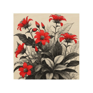 Red Flower On Black White Plant Wood Wall Art