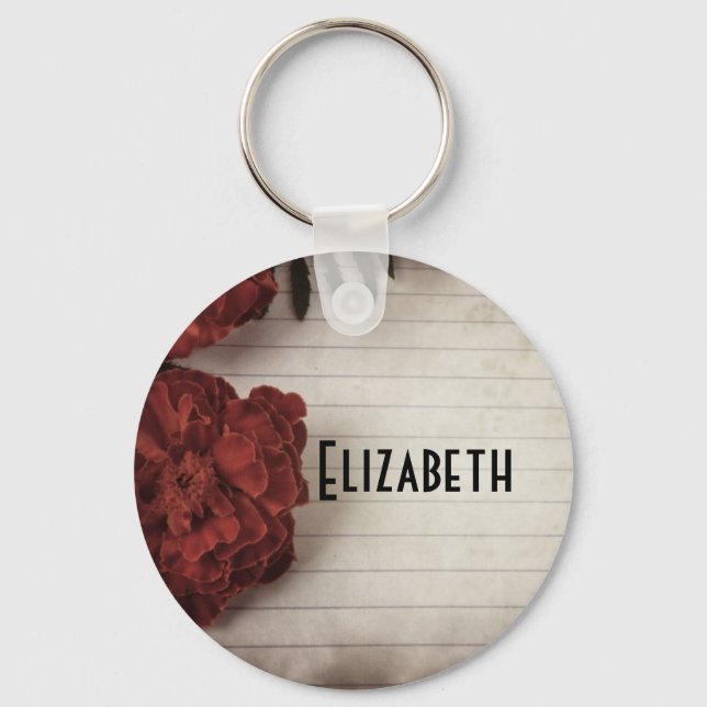 Red Flower on Lined Paper Personalized Keychain (Front)