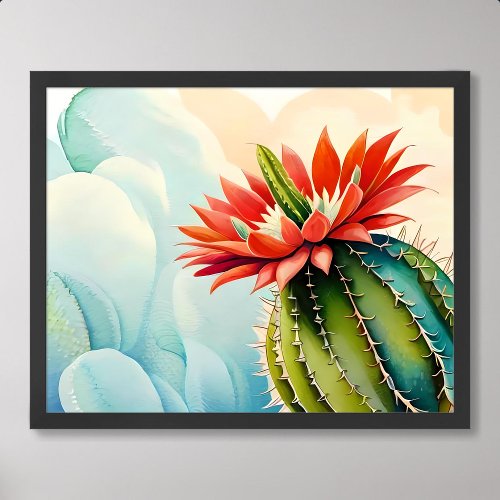 red flower painting of healthy prickly big cactus poster