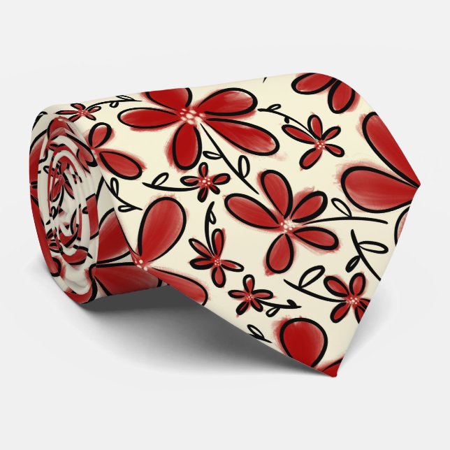 Red flower pattern neck tie (Rolled)