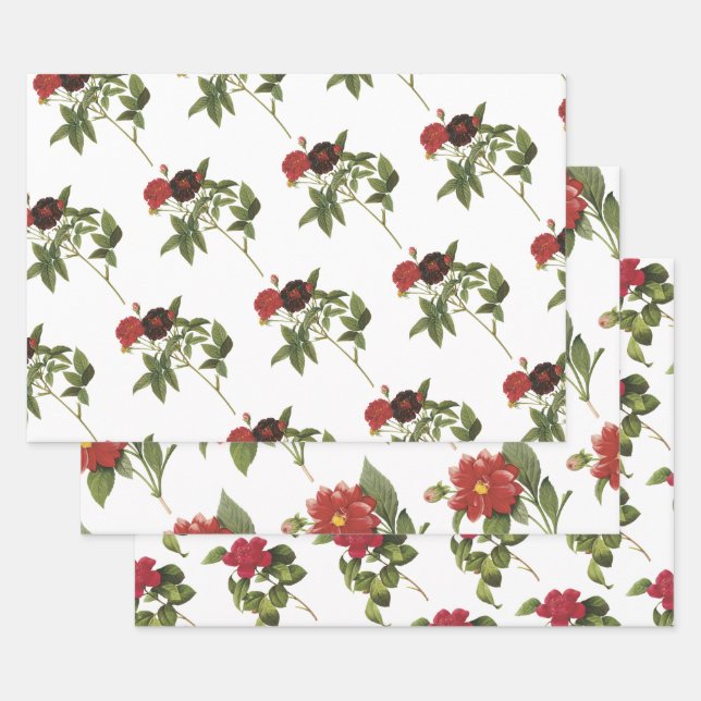 Red Flower Pattern Wrapping Paper Sheets (Set)