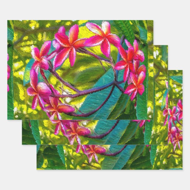 Red Flower Plumeria Pattern Wrapping Paper Sheets (Set)