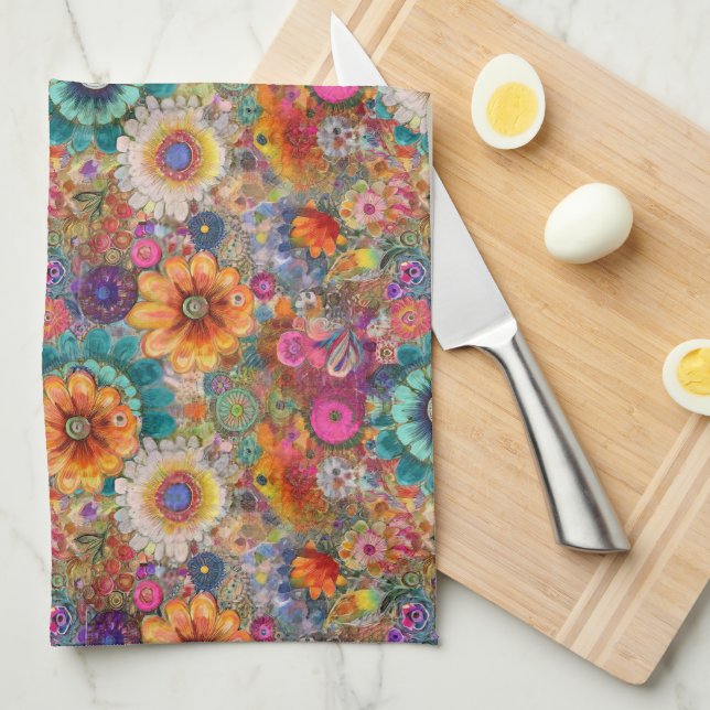 Red Flower Power Kitchen Towel (Quarter Fold)