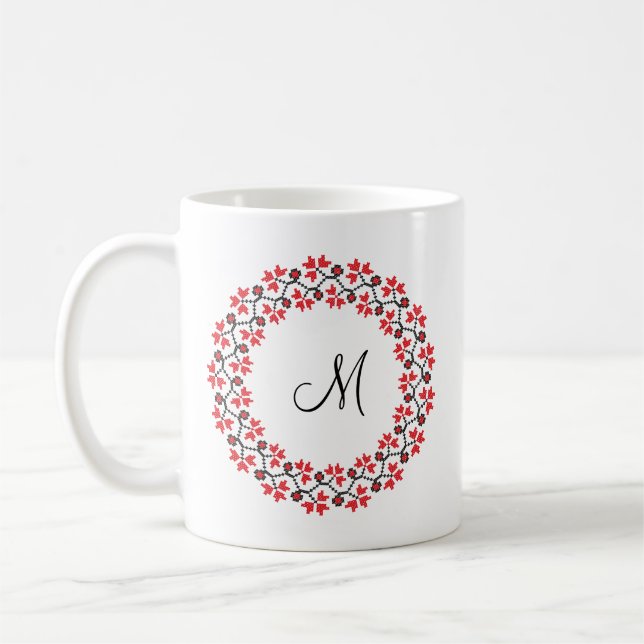 Red flower ring Personalized Monogram Initial Coffee Mug (Left)