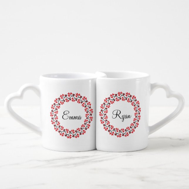 Red flower ring Personalized Monogram Initial Coffee Mug Set (Front Nesting)
