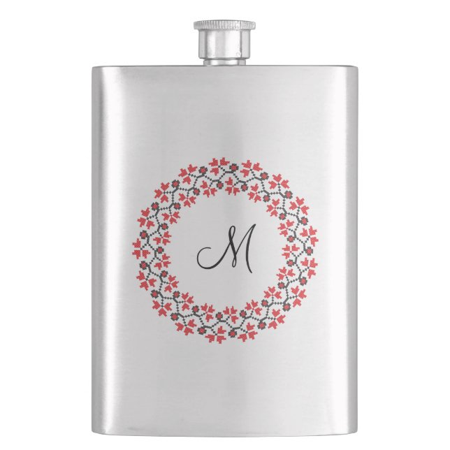 Red flower ring Personalized Monogram Initial Hip Flask (Front)