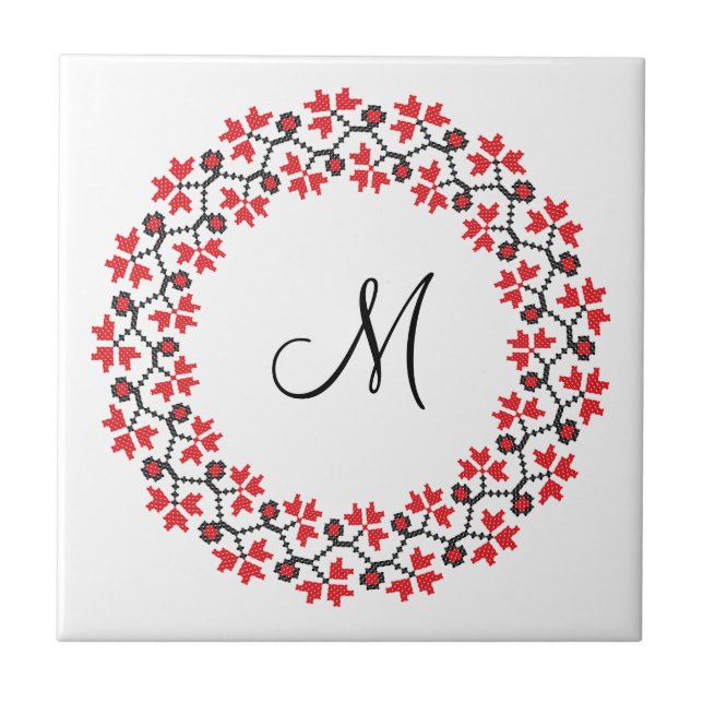 Red flower ring Personalized Monogram Initial Tile (Front)
