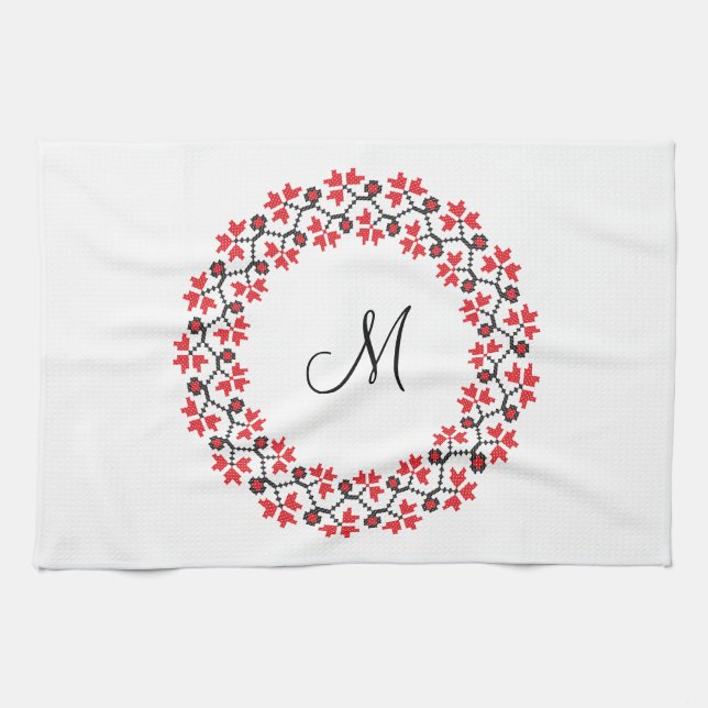 Red flower ring Personalized Monogram Initial Towel (Horizontal)