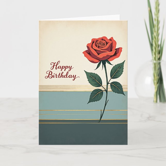 Red Flower Teal Birthday Card (Front)