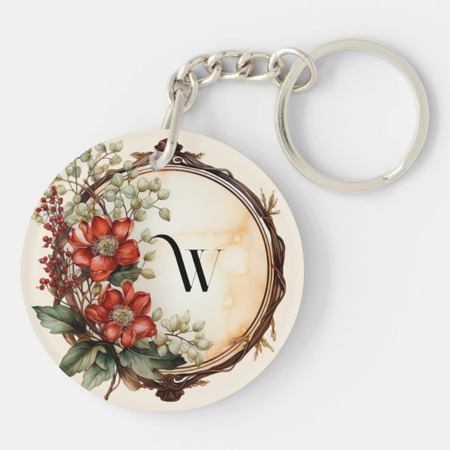 Red Flower Twig Wreath Leaves Red Berries Keychain (Back)