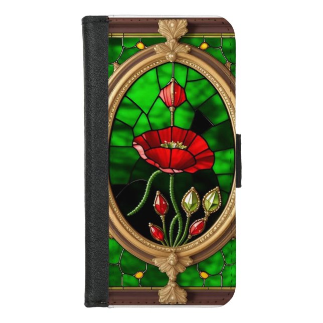 Red Flower Vivid Stained Glass Art iPhone Wallet Case (Front)