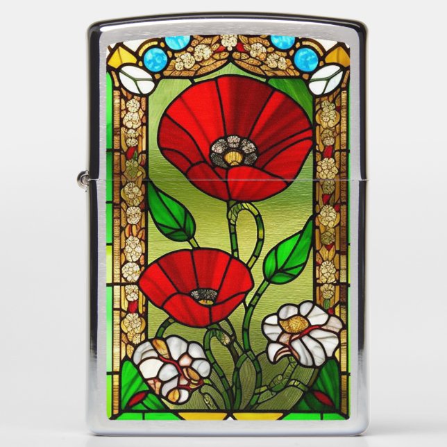 Red Flower Vivid Stained Glass Art Zippo Lighter (Front)