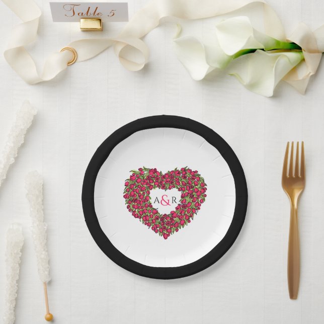 Red flower wedding tulip heart bouquet monogram paper plates (Wedding)