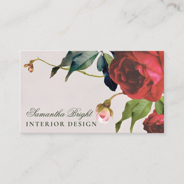 Red Flower Whimsical Leaves Business Card (Front)