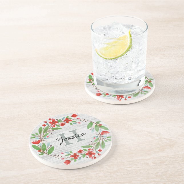 Red Flower Wreath Rustic Personalised Coaster (Side)