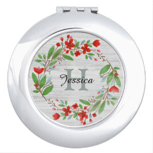 Red Flower Wreath Rustic Personalised Compact Mirror