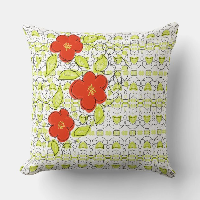Red Flowered Decorative Pillow With Lime Pattern (Front)