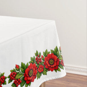 Red Flowers and Berries Festive Holiday Tablecloth