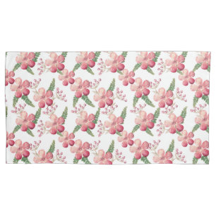 Red Flowers and Berries with Green Leaves Pillow Case