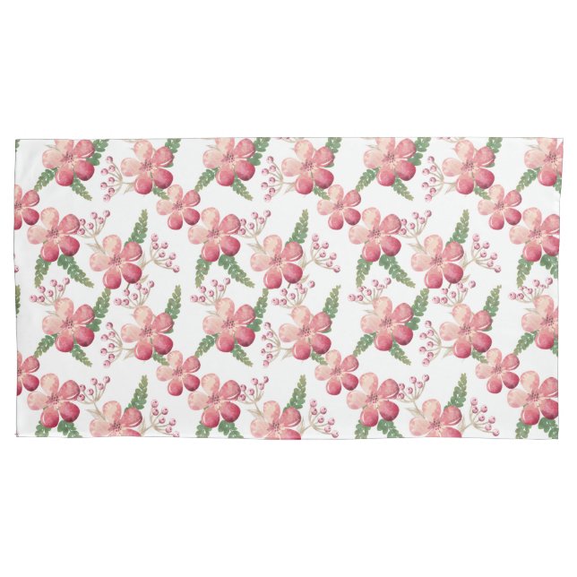 Red Flowers and Berries with Green Leaves  Pillow Case (Front-Left)
