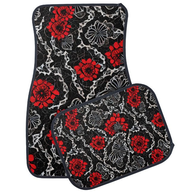 Red Flowers and Black Lace Seamless Pattern Car Floor Mat (Set)