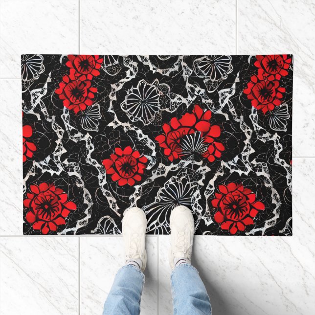 Red Flowers and Black Lace Seamless Pattern Doormat (Indoor)