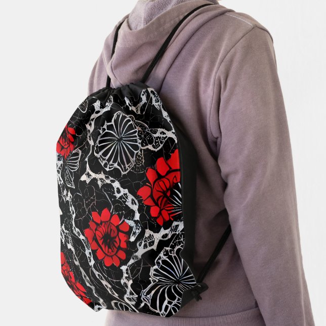 Red Flowers and Black Lace Seamless Pattern Drawstring Bag (Insitu)